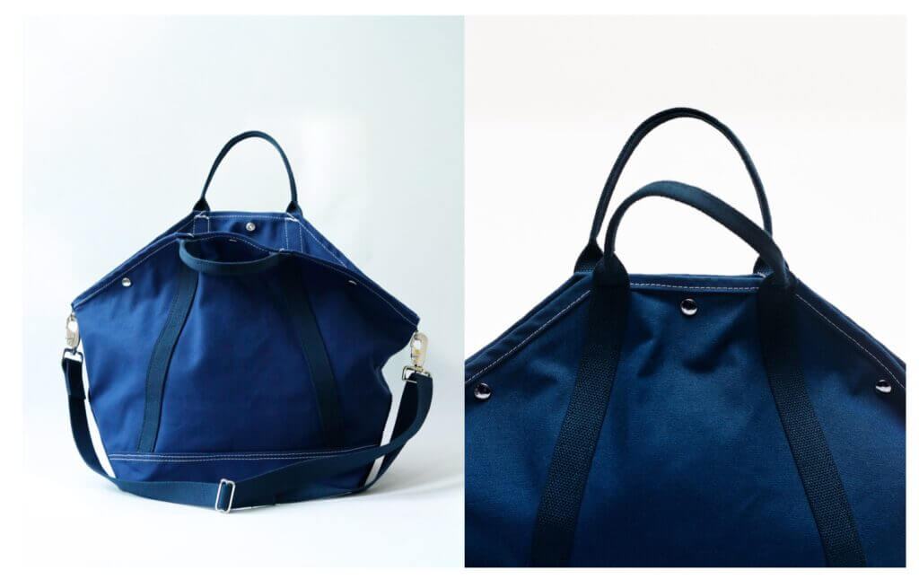 Navy nylon duffel bag, front and side views